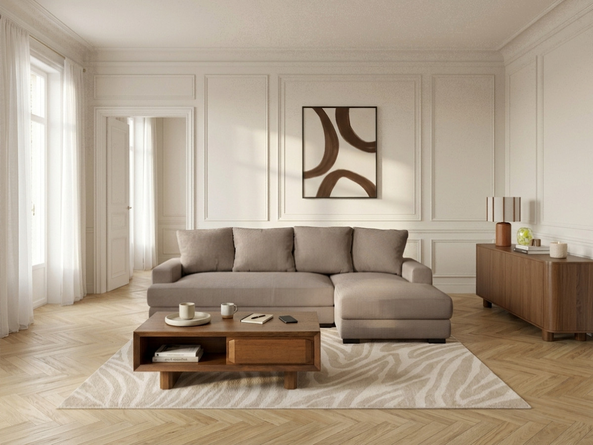 Bobochic Campi Ecksofa mit Schlaffunktion und Bettkasten Cordsamt Taupe Ecke rechts