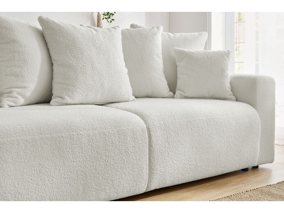 Bobochic Envy Schlafsofa 3-Sitzer mit Bettkasten und rundem Pouf Bouclé-Stoff Weiß