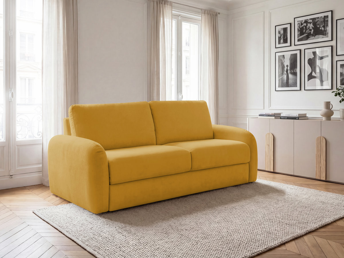 Bobochic Kenan Schlafsofa 3-Sitzer Stoff Gelb, Liegefläche 140 × 196 cm