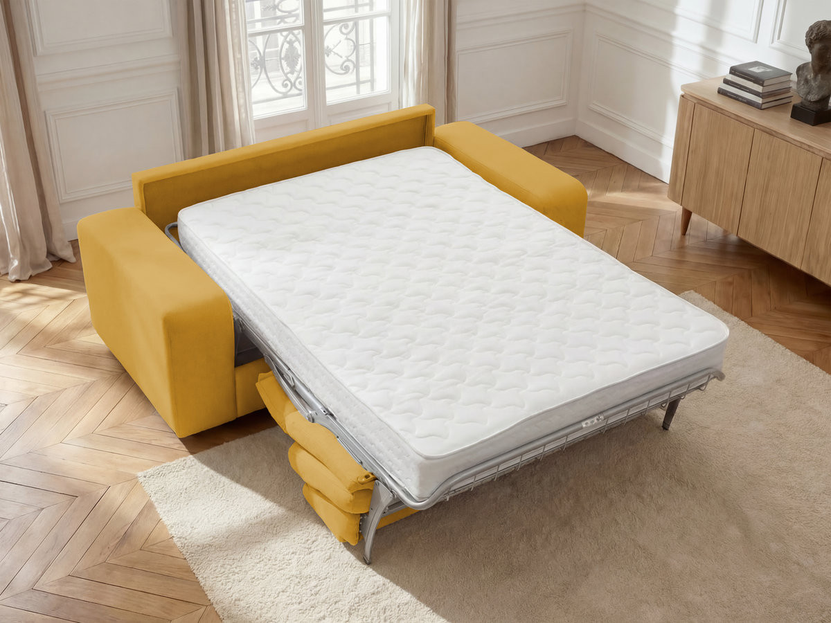 Bobochic Ibiza Schlafsofa 3-Sitzer Strukturstoff Gelb, Liegefläche 140 × 196 cm