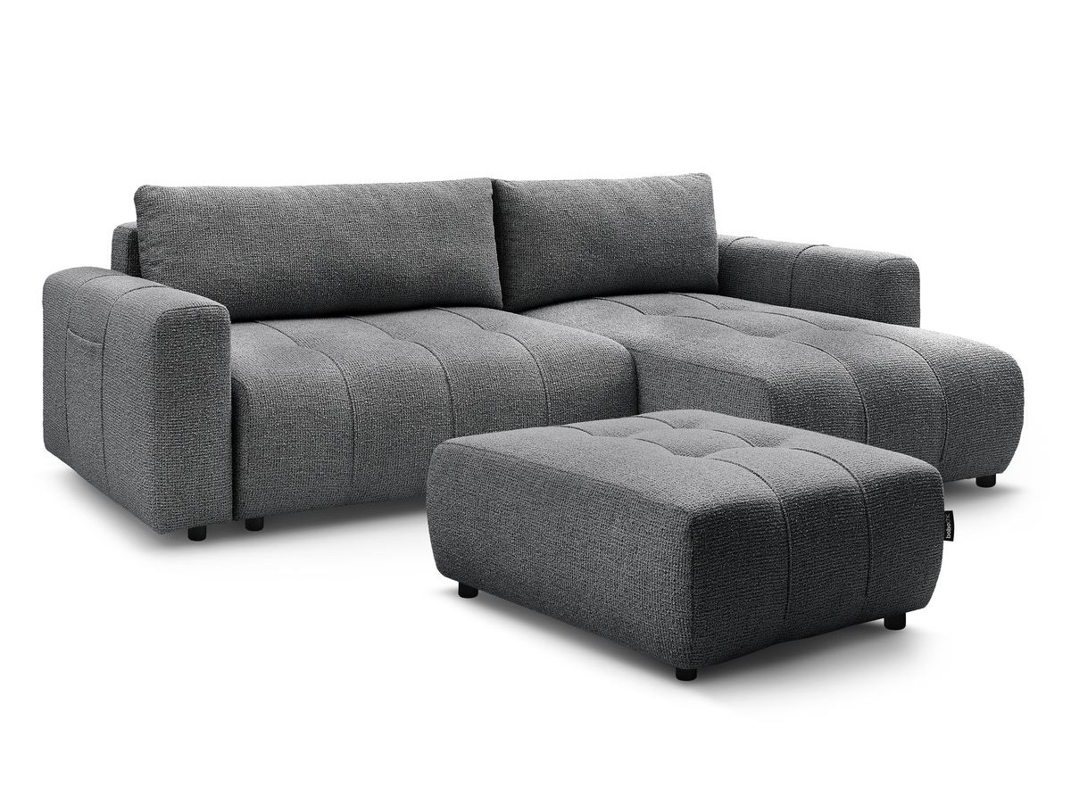 Bobochic Arsene Ecksofa mit Schlaffunktion und Bettkasten und Pouf 288 × 148 cm Melange-Stoff Dunkelgrau