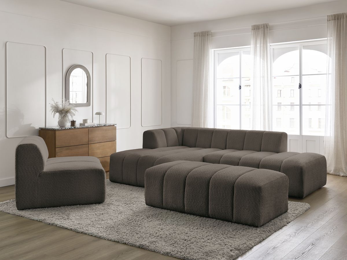Bobochic Annecy Ecksofa mit Sofamodul und Pouf Bouclé-Stoff Braun Ecke links