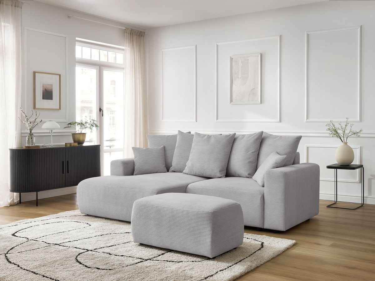 Bobochic Atilla Ecksofa mit Schlaffunktion und Bettkasten und Pouf Cordsamt Hellgrau Ecke links