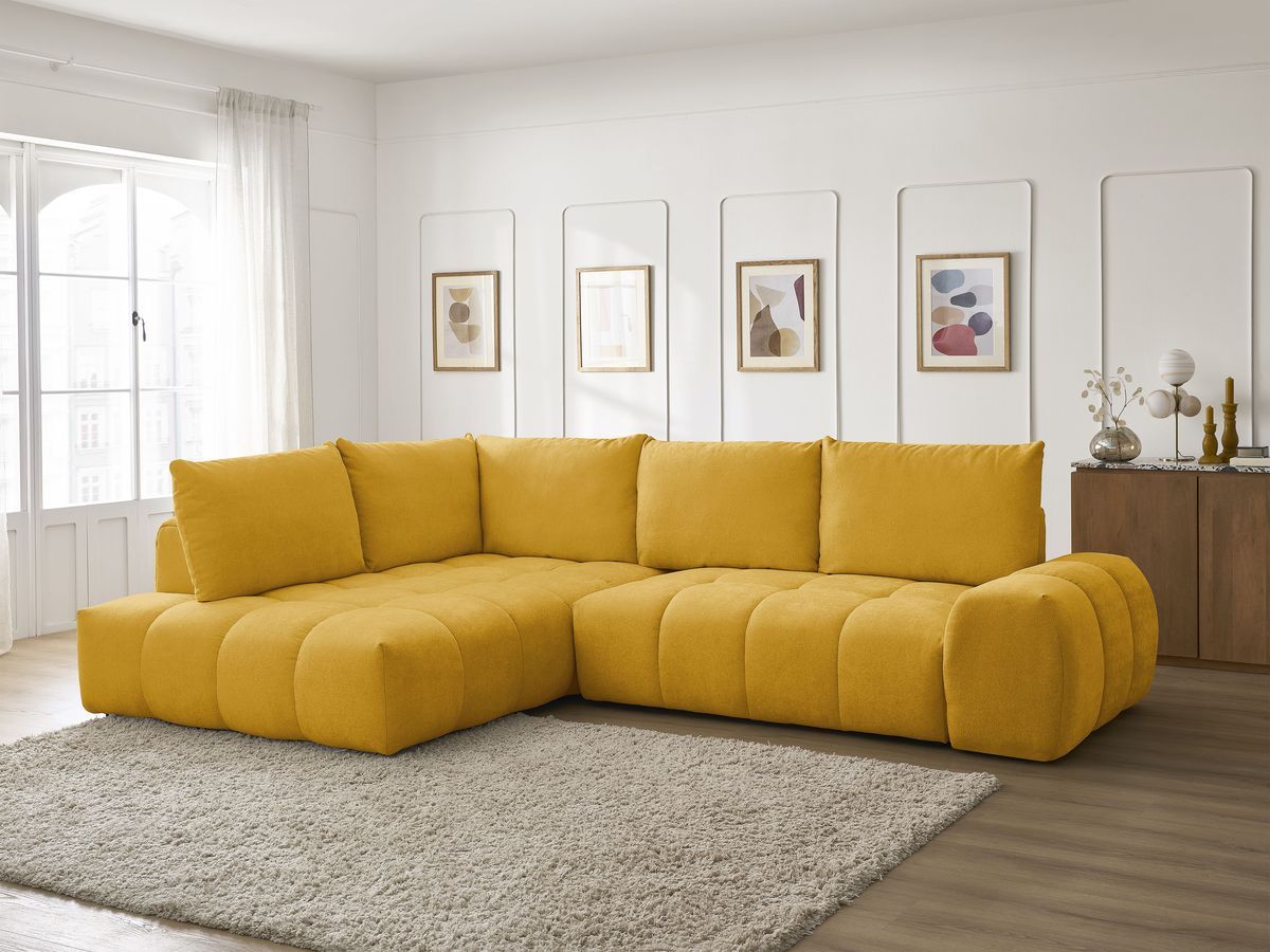 Bobochic Everest Ecksofa mit Schlaffunktion und Bettkasten 320 × 212 cm, 5 Kissen Strukturstoff Gelb Ecke links