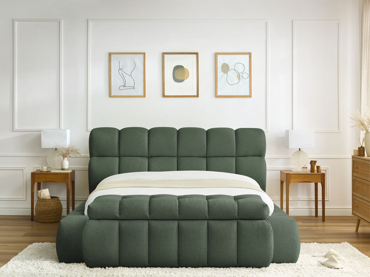 Bobochic Mont-blanc Polsterbett mit Bettkasten mit Bettbank Stoff Grün, Liegefläche 160 × 200 cm