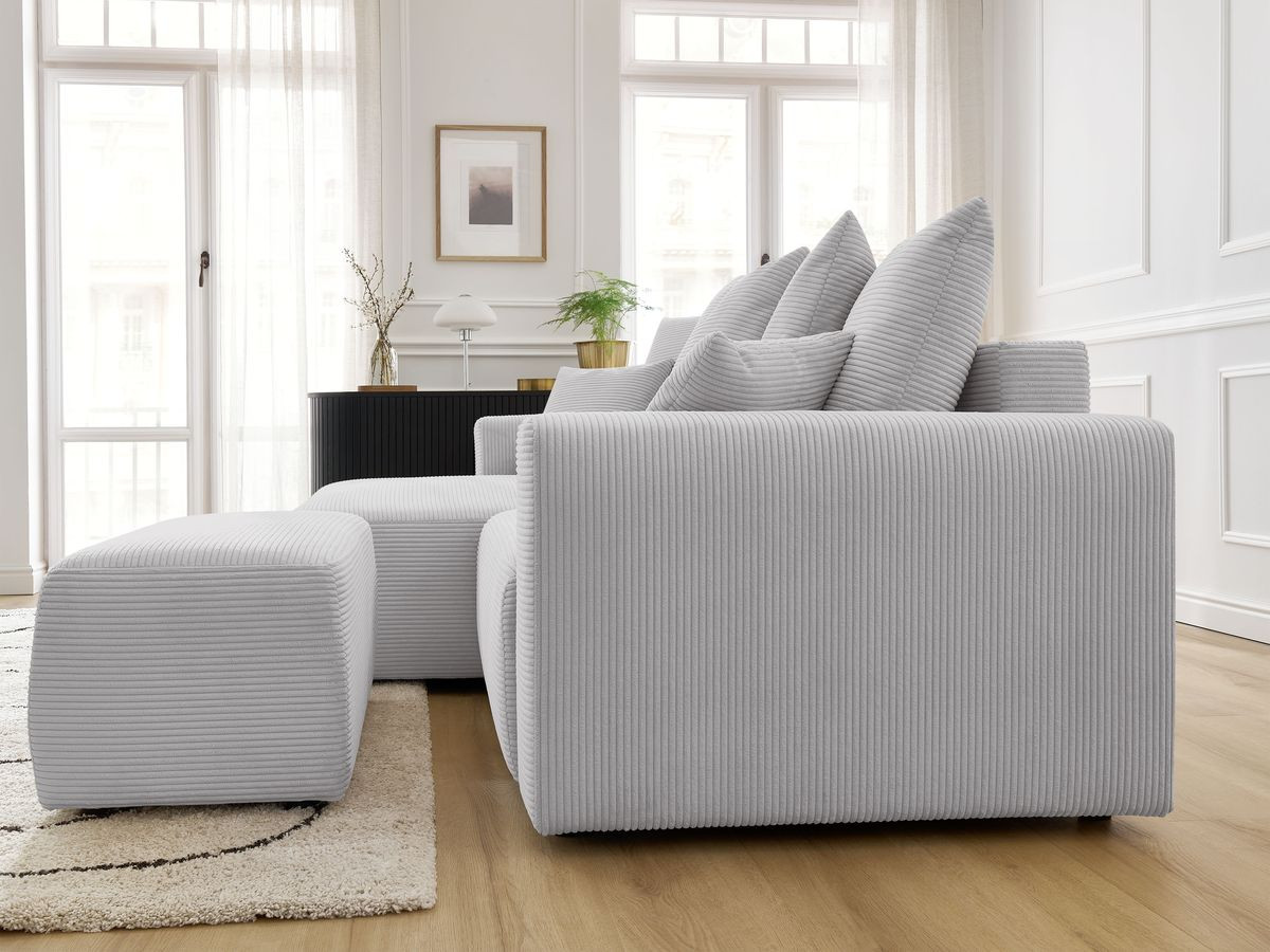 Bobochic Atilla Ecksofa mit Schlaffunktion und Bettkasten und Pouf Cordsamt Hellgrau Ecke links