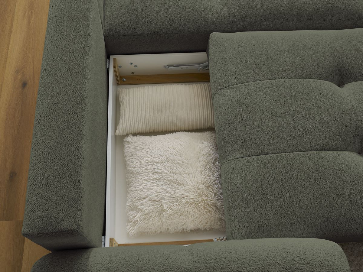 Bobochic Roxelane Ecksofa mit Schlaffunktion und Bettkasten und Pouf 258 × 150 cm Melange-Stoff Grün Ecke rechts