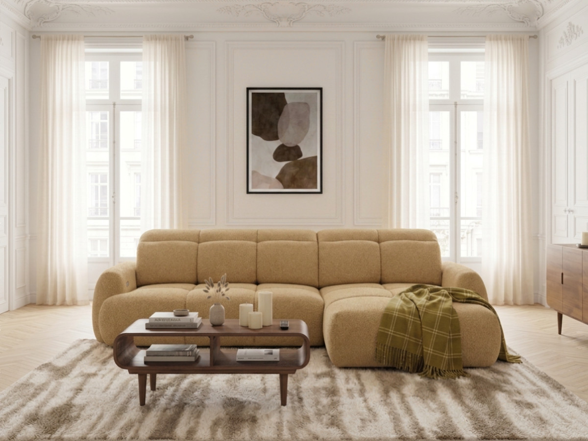 Bobochic Ruby Ecksofa mit Schlaffunktion und Bettkasten Chenille Gelb Ecke rechts