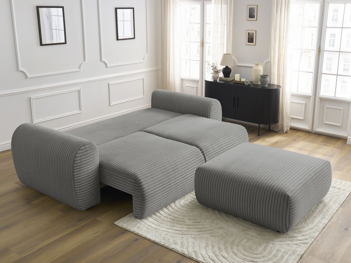 Bobochic Lucien Schlafsofa 4-Sitzer mit Bettkasten und Pouf Breitcord weich Dunkelgrau