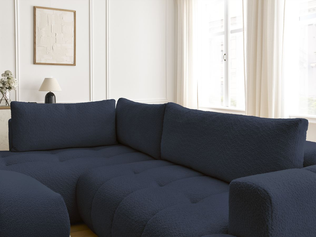 Bobochic Fuji Ecksofa mit Schlaffunktion und Bettkasten und Pouf 282 × 204 cm Bouclé-Stoff Dunkelblau Ecke links