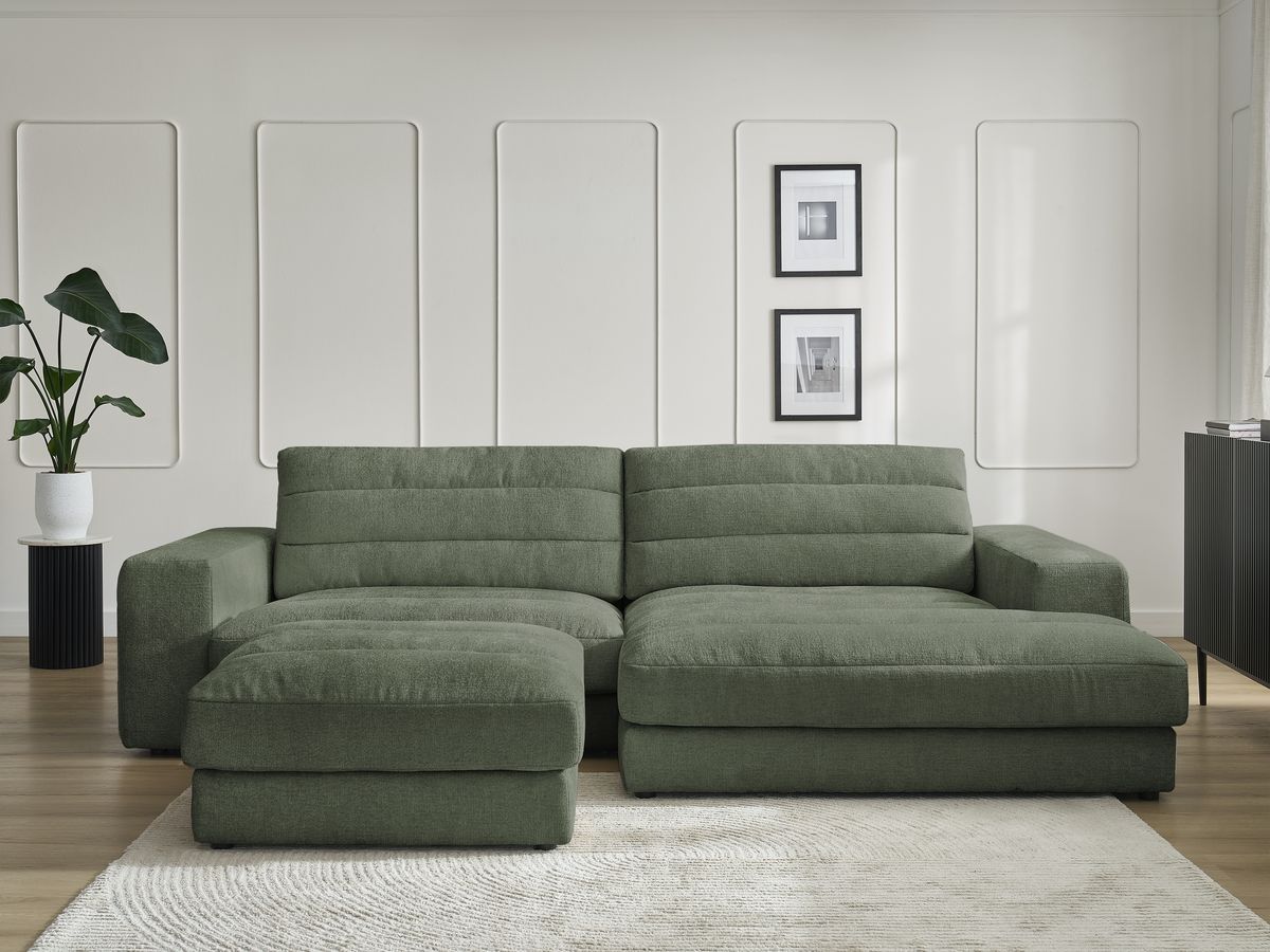 Bobochic Sierra Ecksofa mit Pouf Strukturstoff Dunkelgrün Ecke rechts