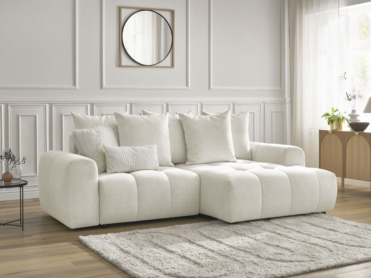 Bobochic Roxelane Ecksofa mit Schlaffunktion und Bettkasten 258 × 150 cm Melange-Stoff Weiß Ecke rechts