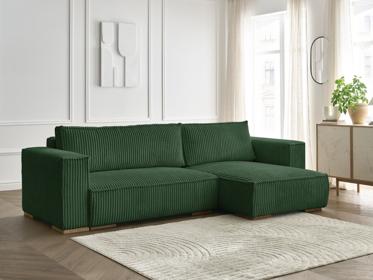 Bobochic Chelsea Ecksofa mit Schlaffunktion und Bettkasten Breitcord weich Grün