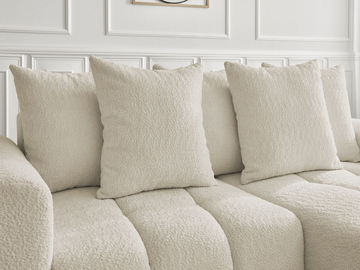 Bobochic Roxelane Ecksofa mit Schlaffunktion und Bettkasten und Pouf 258 × 150 cm Bouclé-Stoff Beige Ecke rechts