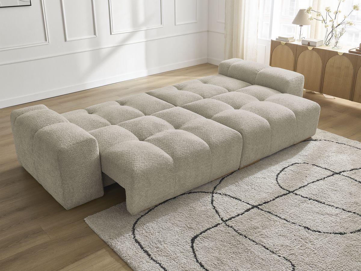 Bobochic Anakin Schlafsofa 3-Sitzer mit Bettkasten, 2 Kissen Bouclé-Stoff Beige