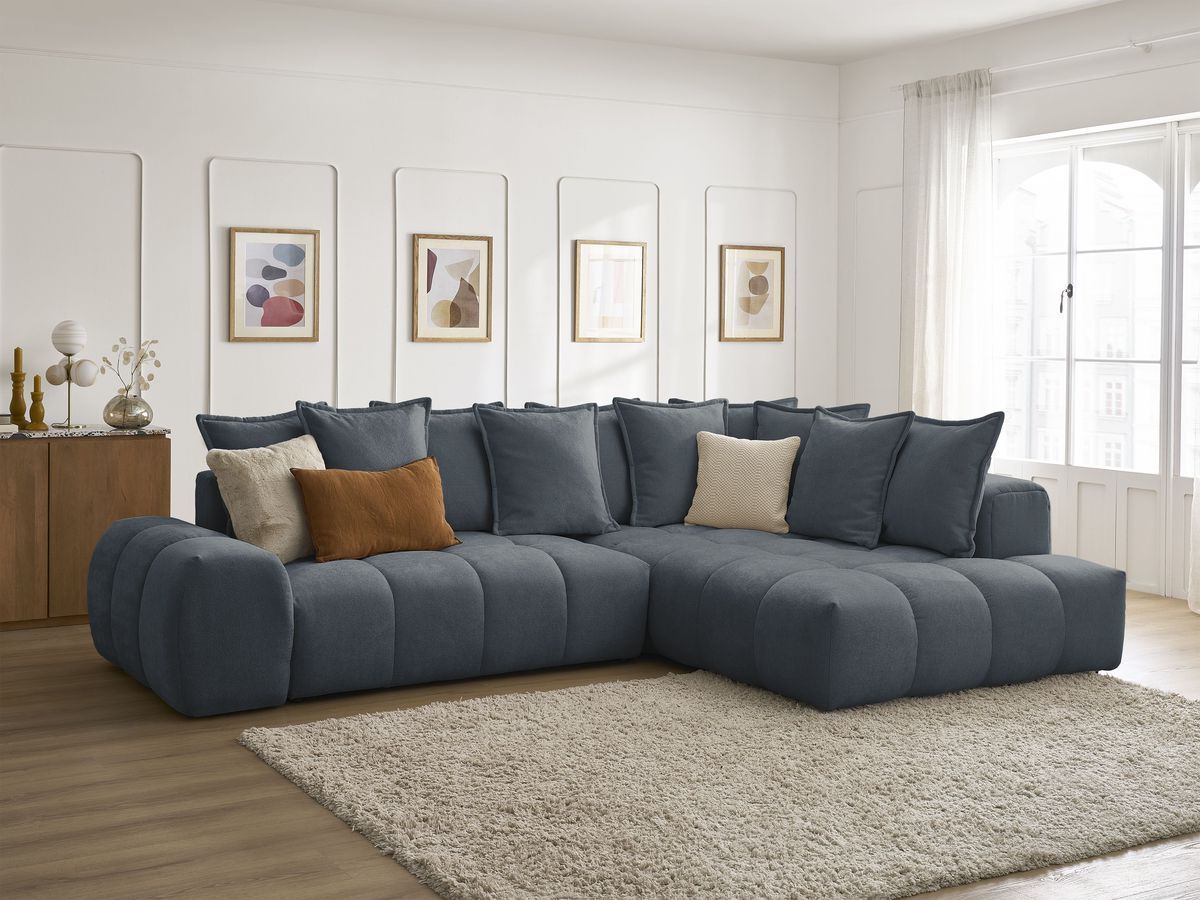 Bobochic Everest Ecksofa mit Schlaffunktion und Bettkasten 320 × 212 cm, 10 Kissen Strukturstoff Dunkelblau Ecke rechts