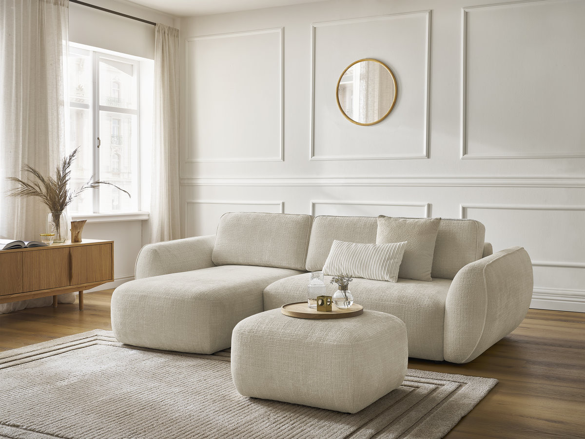 Bobochic Denise Ecksofa mit Schlaffunktion und Bettkasten und Pouf 258 × 160 cm Strukturstoff Beige Ecke links