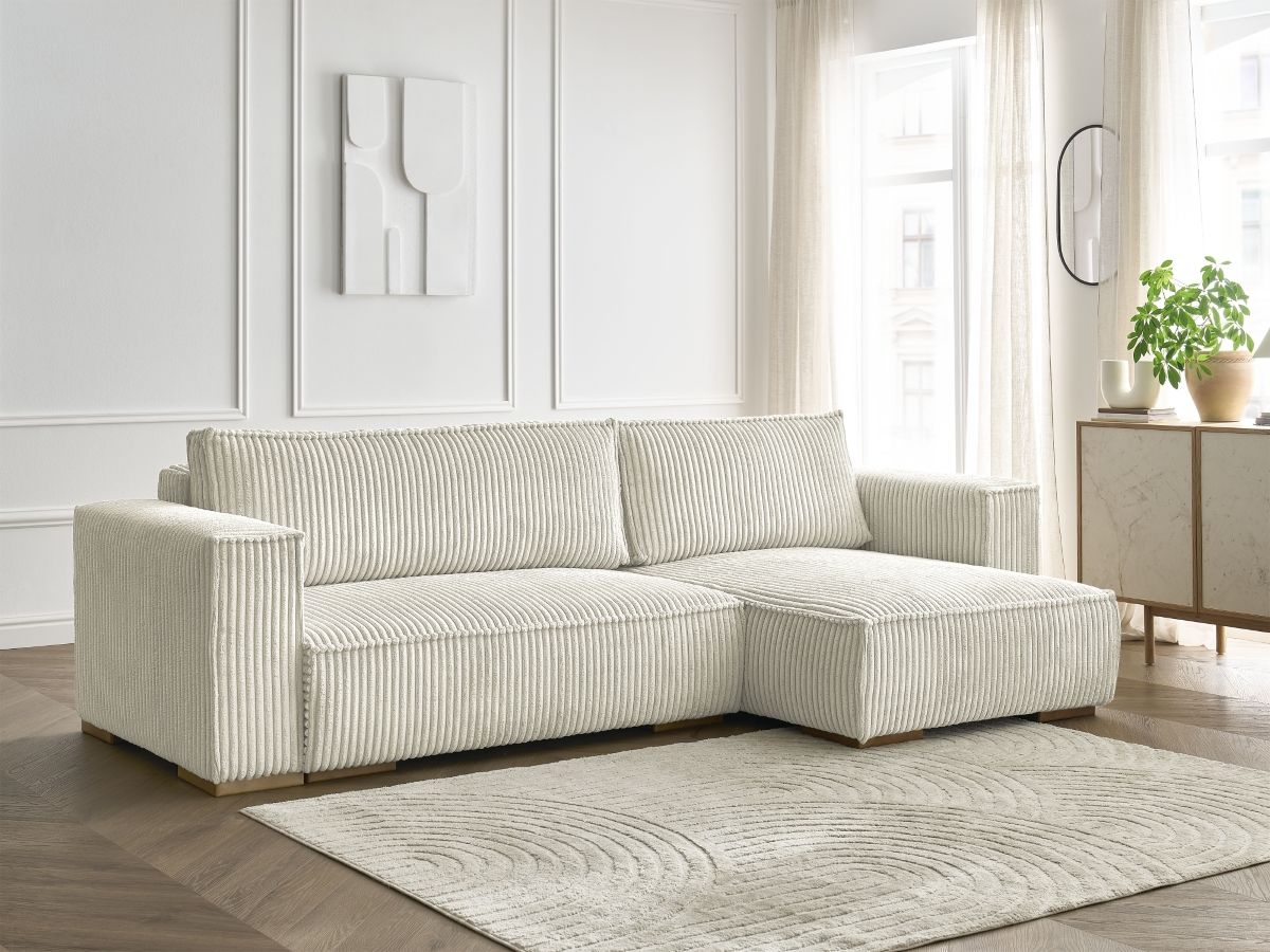 Bobochic Chelsea Ecksofa mit Schlaffunktion und Bettkasten Breitcord weich Beige