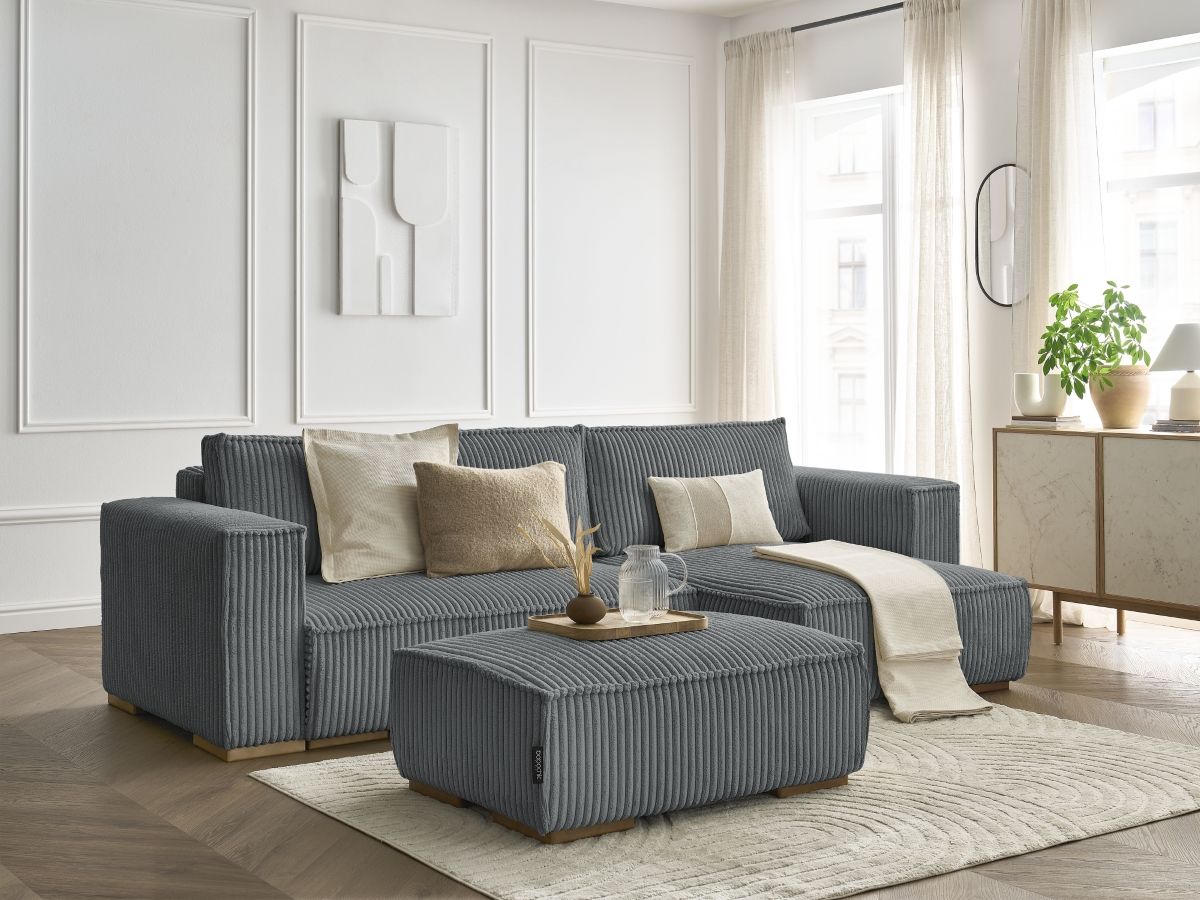 Bobochic Chelsea Ecksofa mit Schlaffunktion und Bettkasten und Pouf Breitcord weich Dunkelgrau