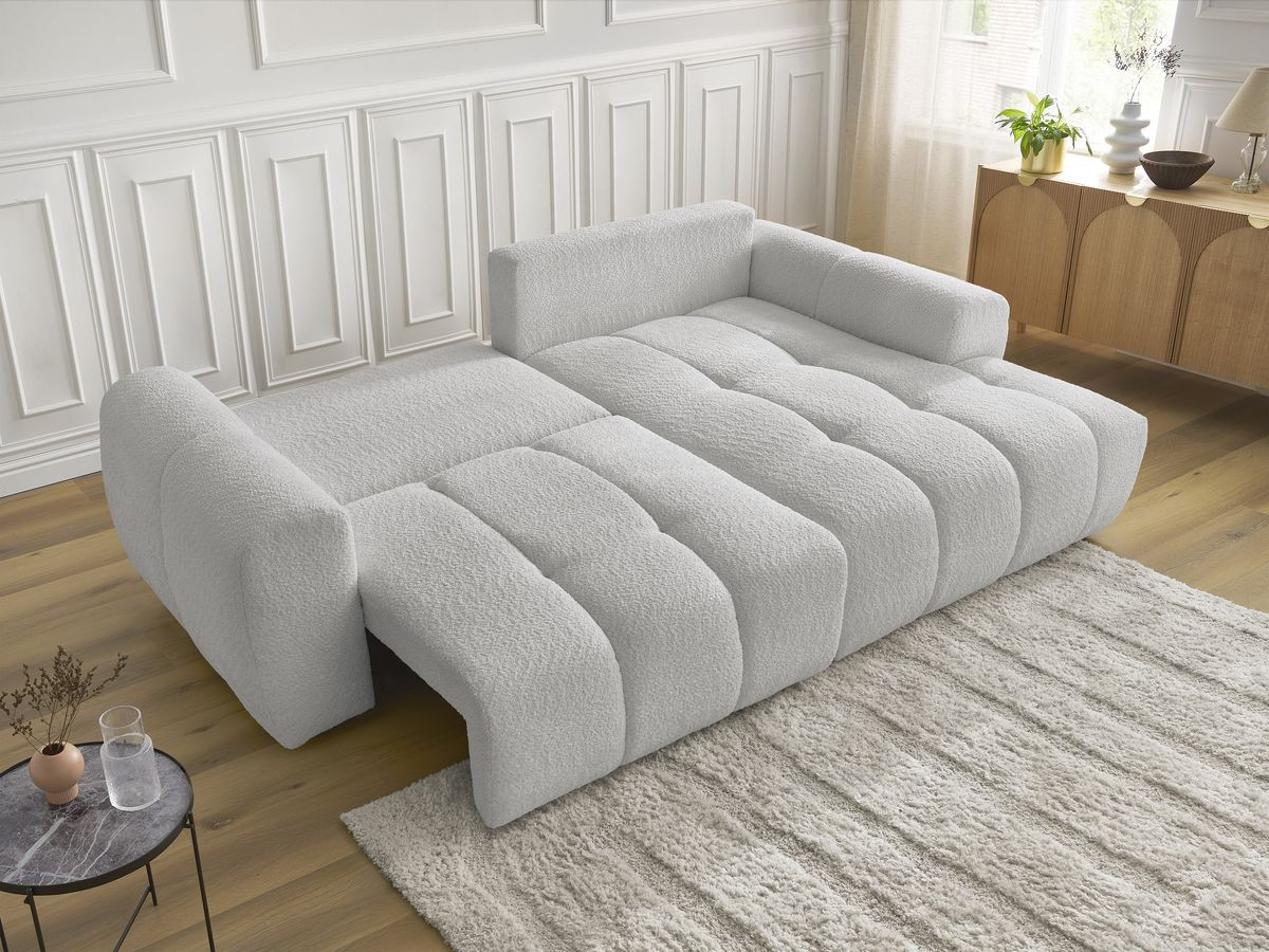 Bobochic Roxelane Ecksofa mit Schlaffunktion und Bettkasten 258 × 150 cm Bouclé-Stoff Hellgrau Ecke rechts
