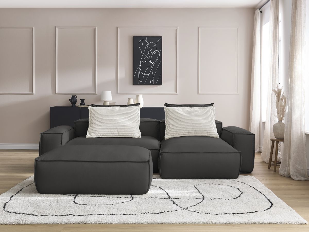 Bobochic Boheme Ecksofa mit Pouf Kunstleder Schwarz