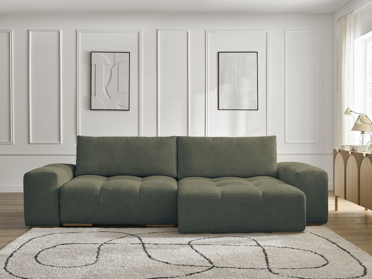 Bobochic Anakin Ecksofa mit Schlaffunktion und Bettkasten, 2 Kissen Bouclé-Stoff Grün