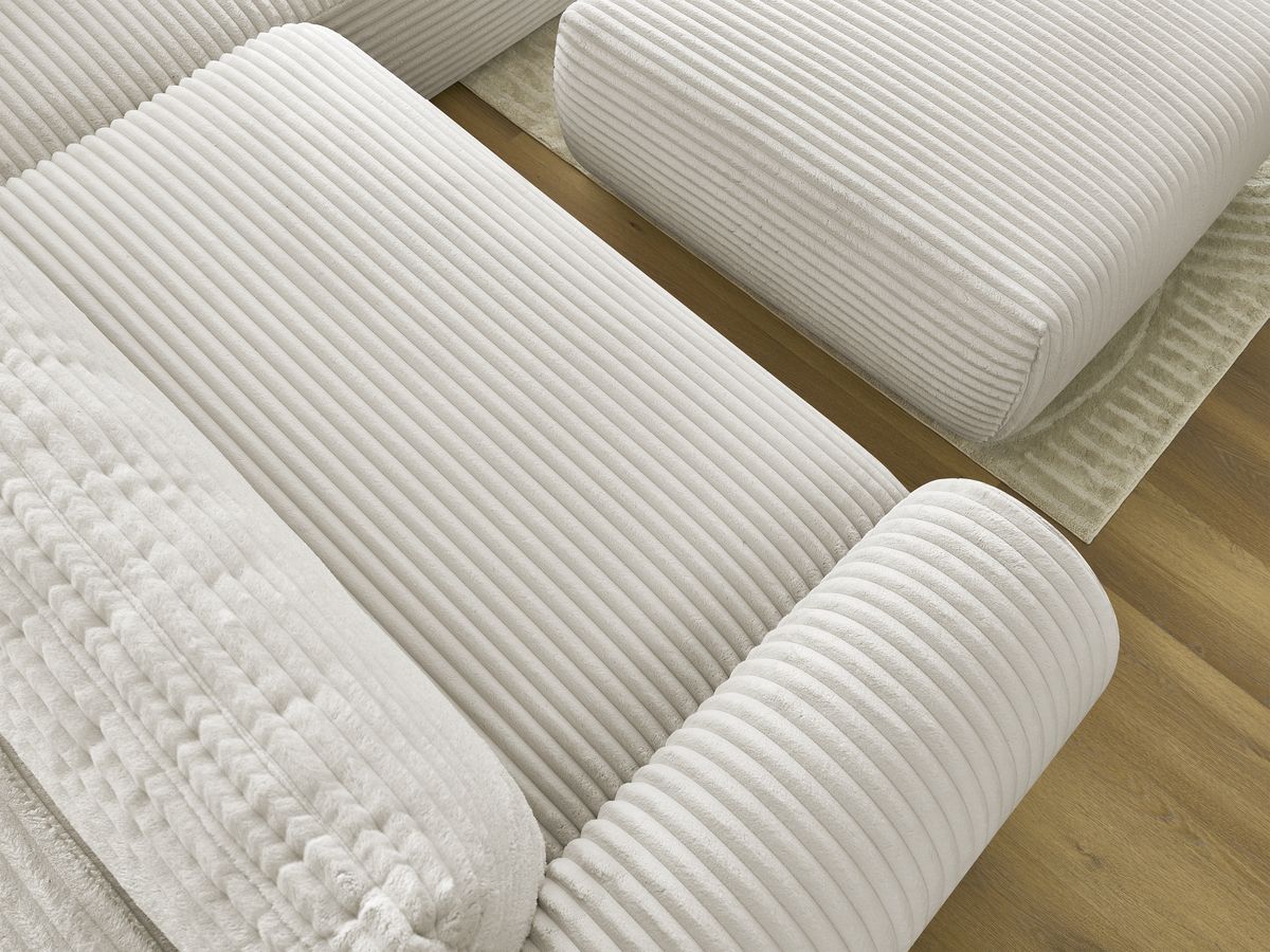 Bobochic Lucien Ecksofa mit Schlaffunktion und Bettkasten und Pouf 296 × 198 cm Breitcord weich Beige Ecke rechts