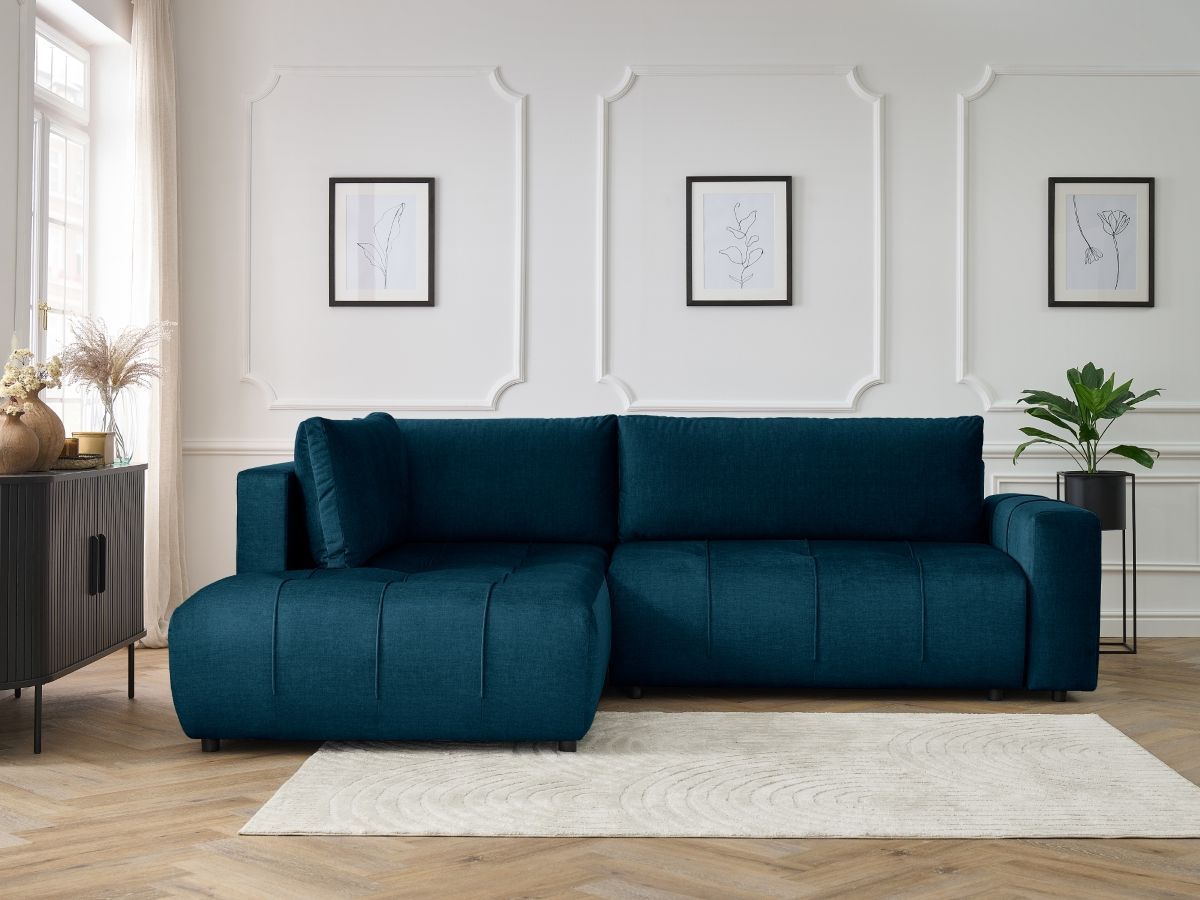 Bobochic Arsene Ecksofa mit Schlaffunktion und Bettkasten 277 × 200 cm Samt Dunkelblau Ecke links