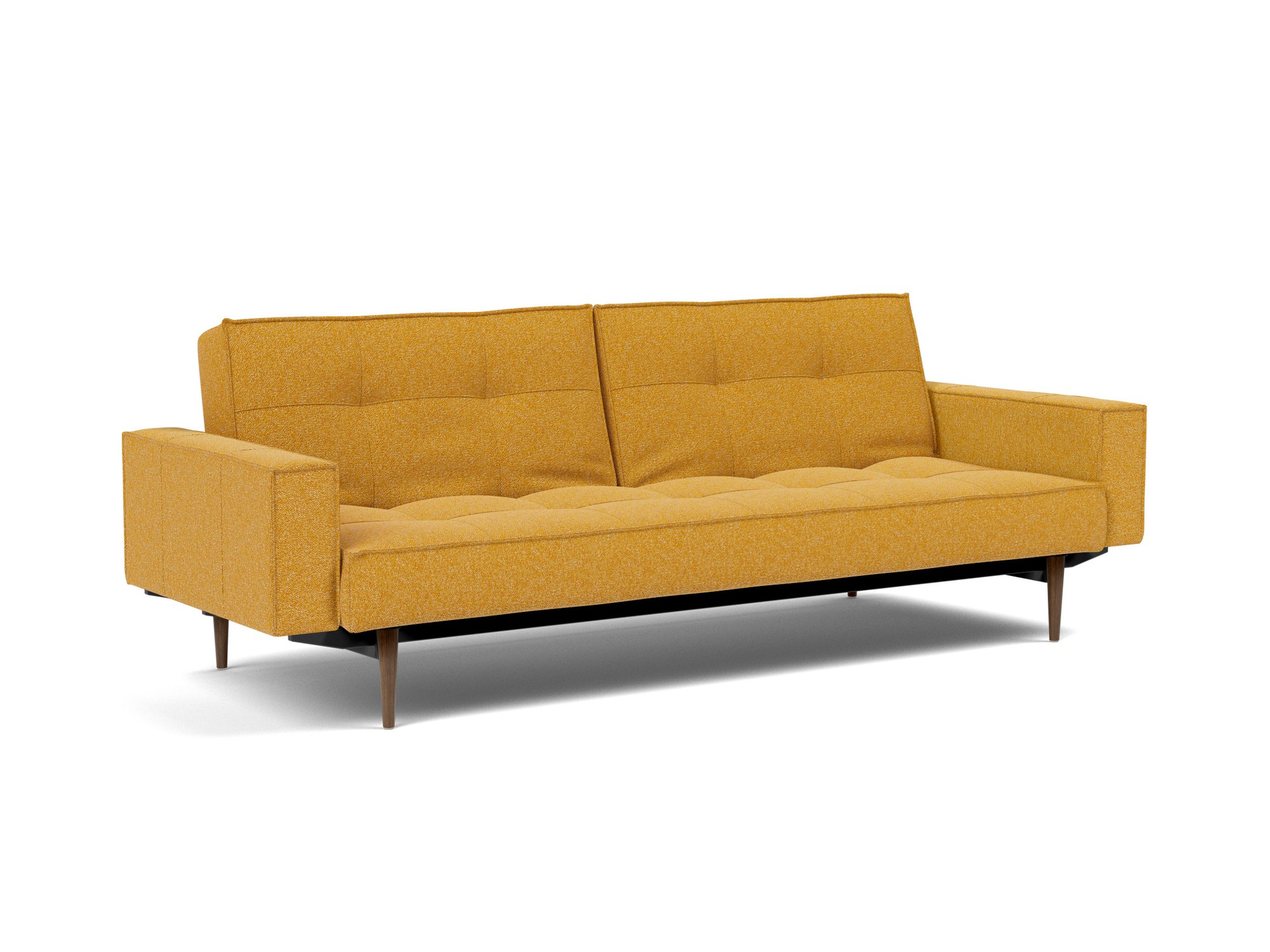 Schlafsofa Splitback mit Armlehnen Boucle Skandi 536-Ochre Beine Styletto Eiche dunkel