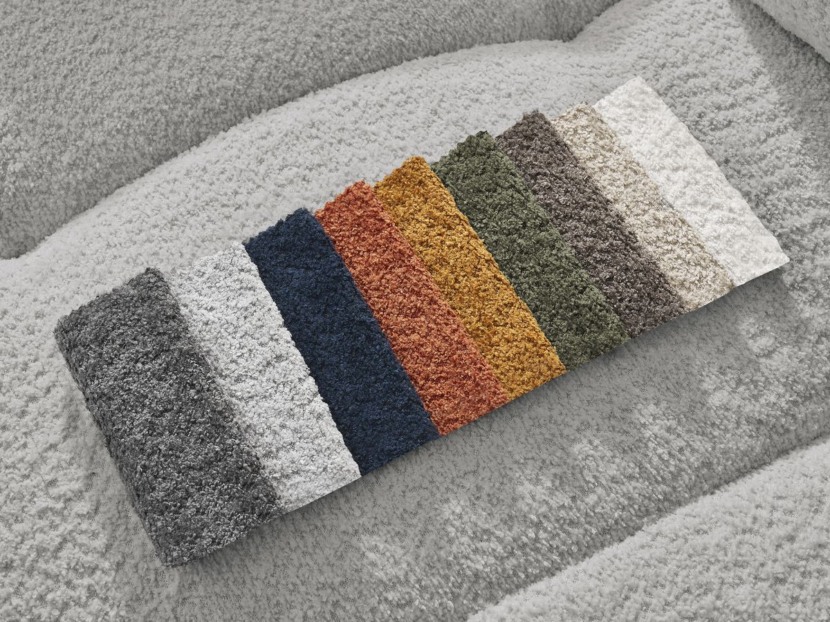 Bobochic Roxelane Ecksofa mit Schlaffunktion und Bettkasten und Pouf 258 × 150 cm Bouclé-Stoff Hellgrau Ecke links