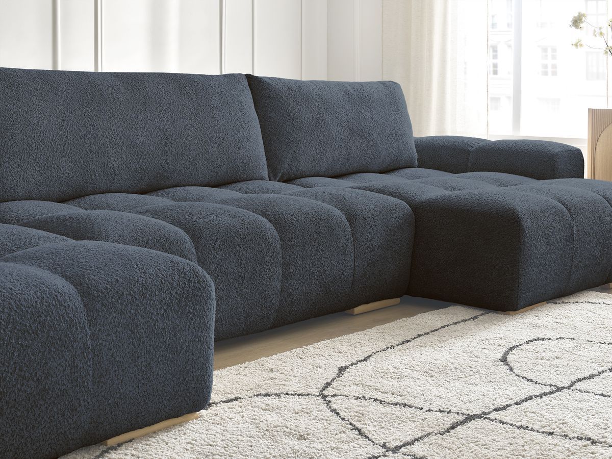 Bobochic Anakin Wohnlandschaft, Liegefläche 137 × 382 cm, 3 Kissen Bouclé-Stoff Dunkelblau