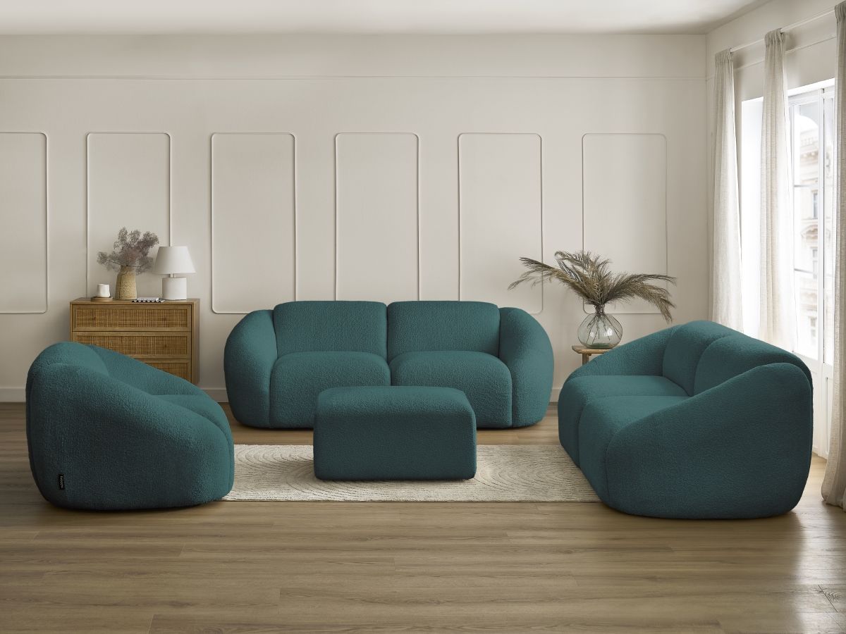 Bobochic Tina Sofa 7-Sitzer mit Pouf Bouclé-Stoff Hellblau