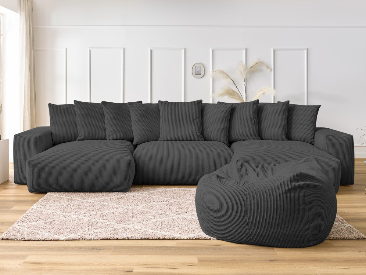 Bobochic Voltaire Wohnlandschaft mit Pouf 420 × 174 cm Cordsamt Dunkelgrau