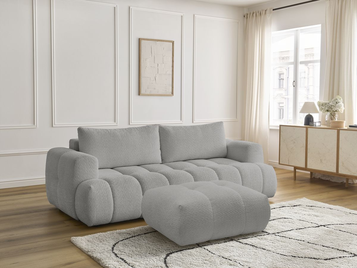 Bobochic Fuji Schlafsofa 3-Sitzer mit Bettkasten und Pouf Bouclé-Stoff Hellgrau