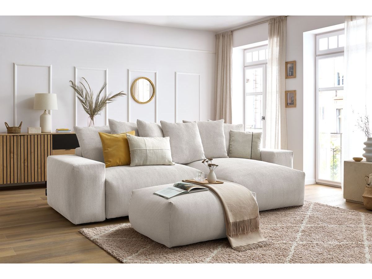 Bobochic Voltaire Ecksofa mit Schlaffunktion und Bettkasten und Pouf Cordsamt Beige