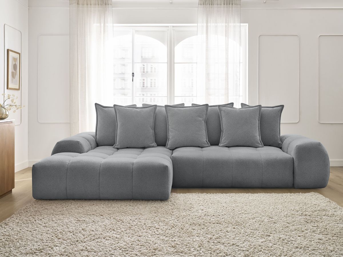 Bobochic Everest Ecksofa mit Schlaffunktion und Bettkasten 318 × 180 cm, 7 Kissen Melange-Stoff Dunkelgrau Ecke links