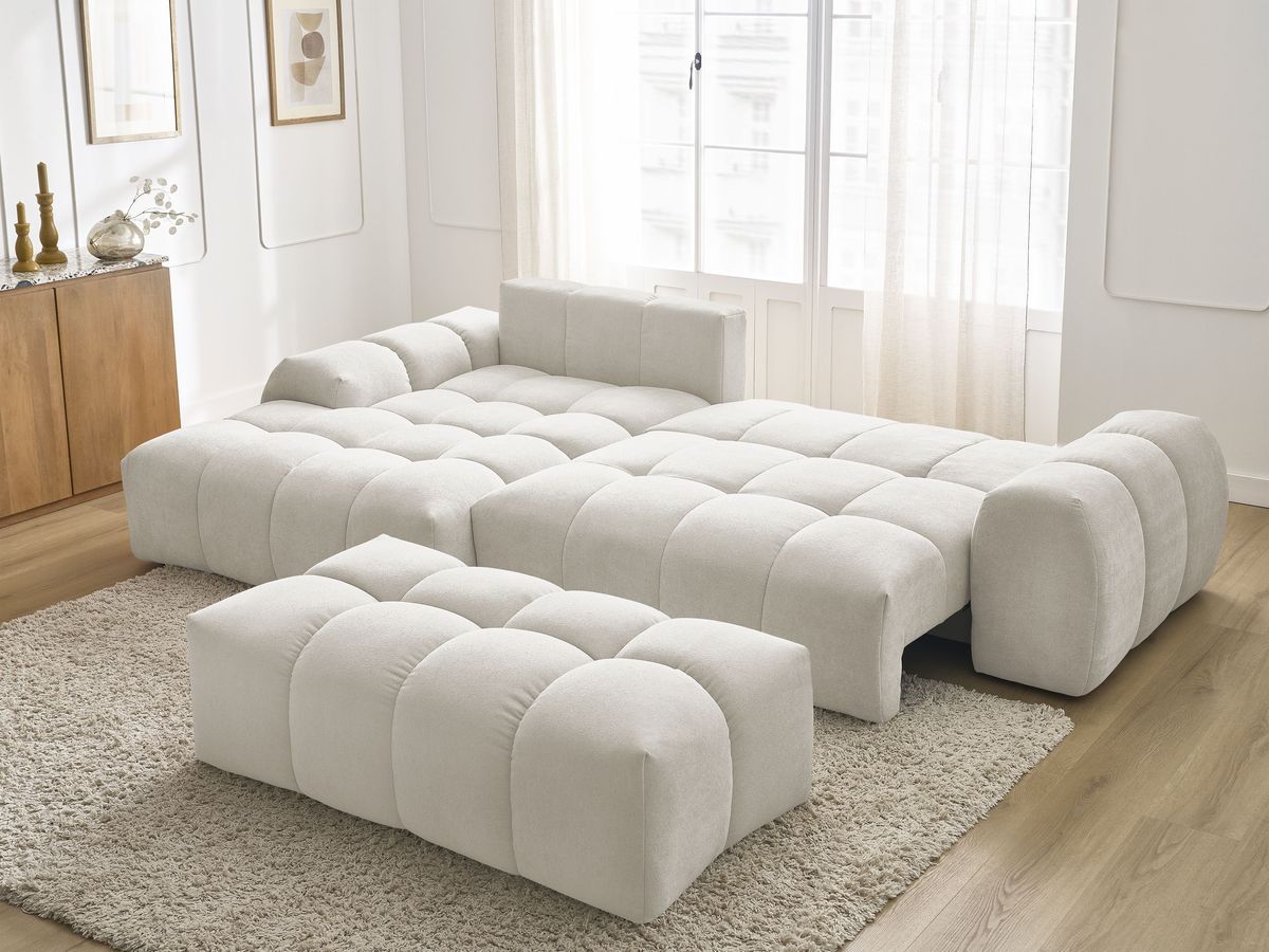 Bobochic Everest Ecksofa mit Schlaffunktion und Bettkasten und Pouf 318 × 180 cm, 3 Kissen Strukturstoff Weiß Ecke links