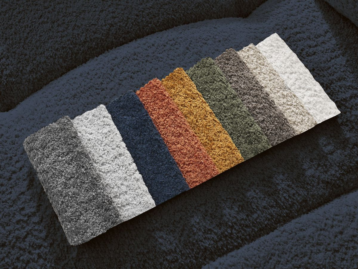 Bobochic Roxelane Ecksofa mit Schlaffunktion und Bettkasten und Pouf 258 × 150 cm Bouclé-Stoff Dunkelblau Ecke rechts