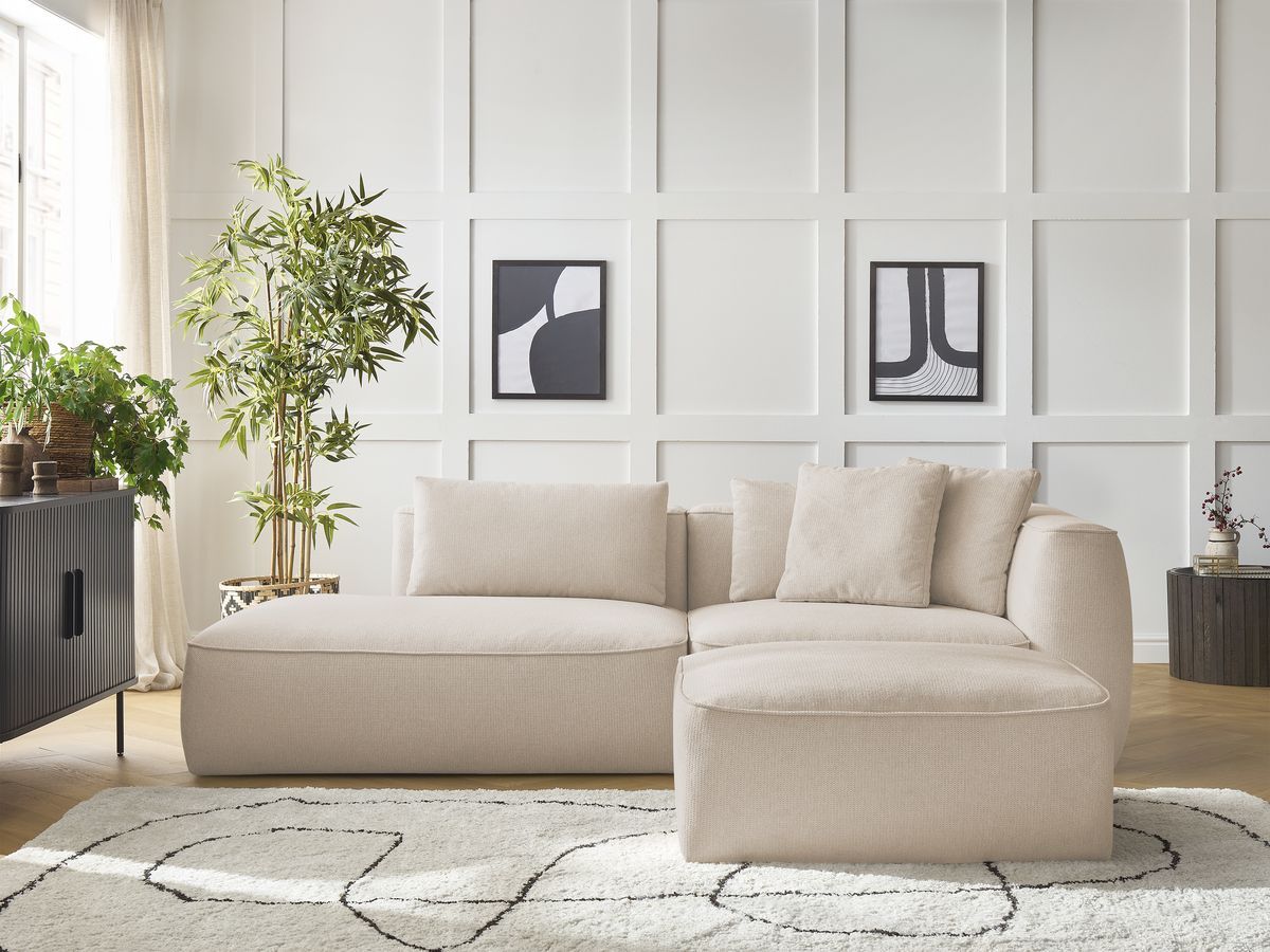 Bobochic Leopold Sofa 4-Sitzer mit Pouf Melange-Stoff Beige Armlehne rechts