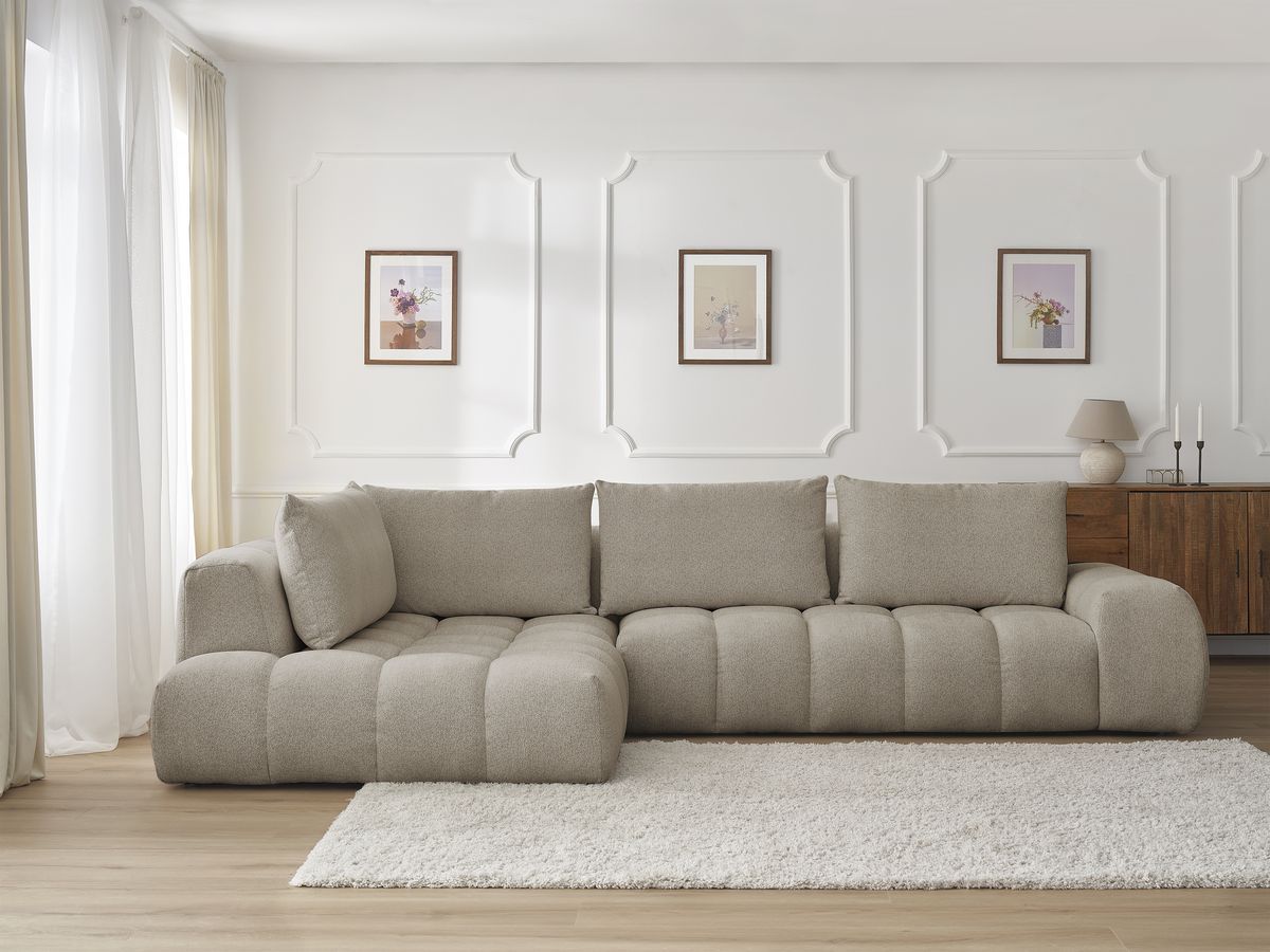 Bobochic Everest Ecksofa, 4 Kissen Melange-Stoff Taupe Ecke links