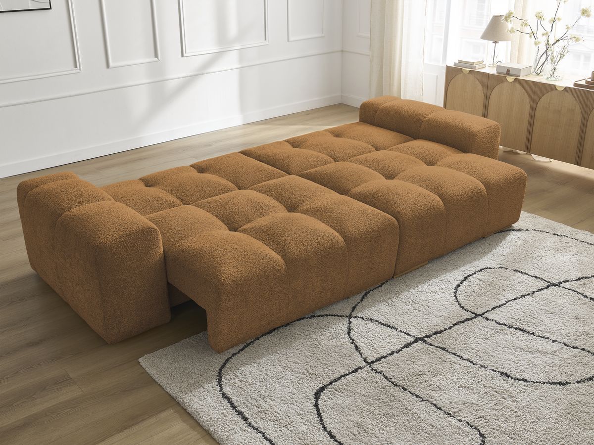 Bobochic Anakin Schlafsofa 3-Sitzer mit Bettkasten, 6 Kissen Bouclé-Stoff Gelb