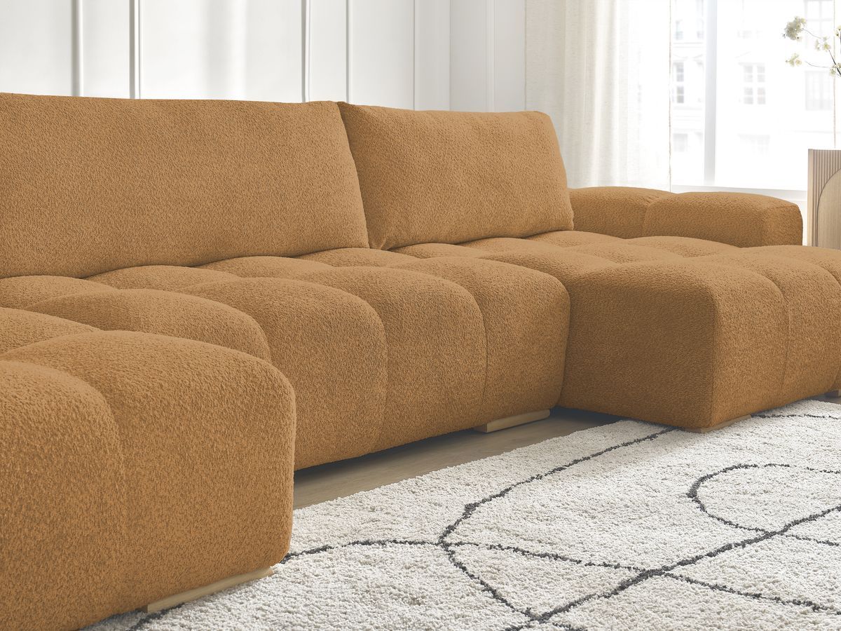 Bobochic Anakin Wohnlandschaft mit Pouf, Liegefläche 137 × 382 cm, 3 Kissen Bouclé-Stoff Gelb