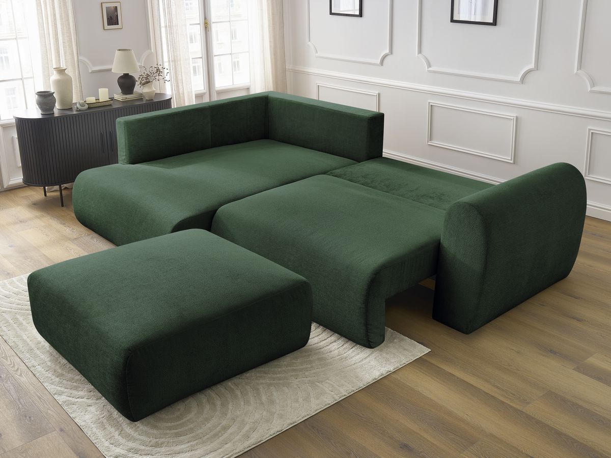 Bobochic Lucien Ecksofa mit Schlaffunktion und Bettkasten und Pouf 296 × 198 cm Stoff Grün Ecke links