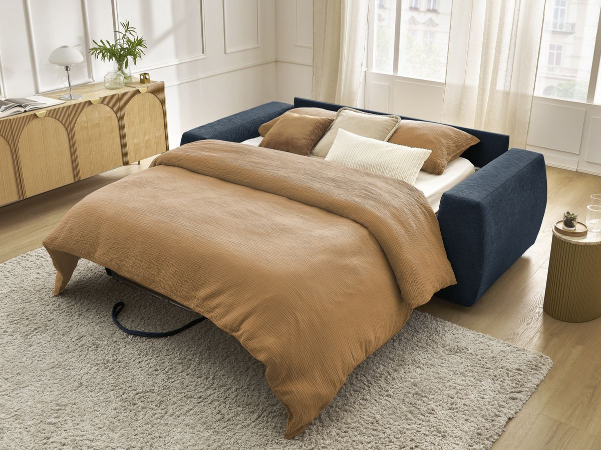 Bobochic Hugo Schlafsofa 3-Sitzer Strukturstoff Dunkelblau, Liegefläche 160 × 190 cm