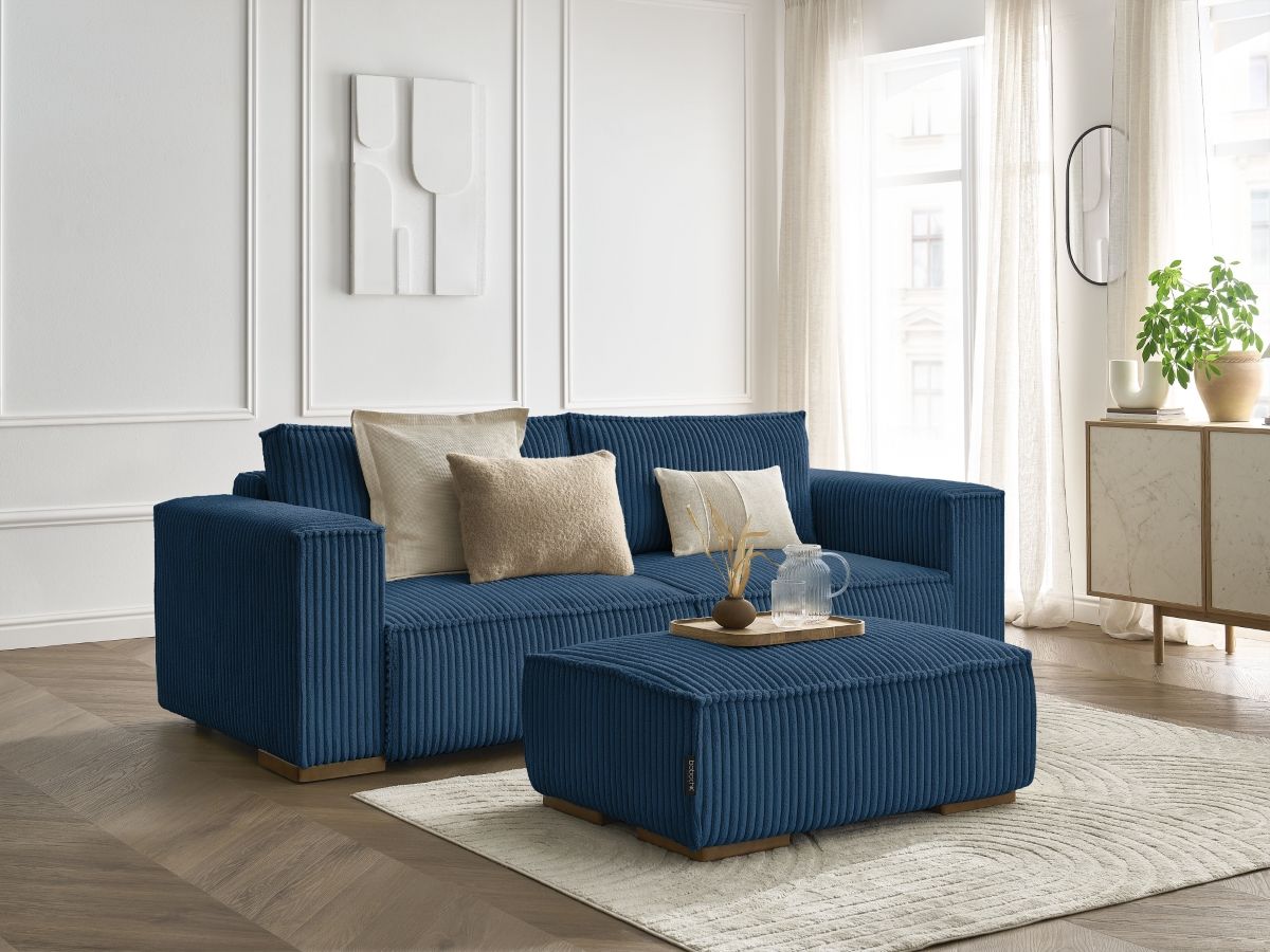 Bobochic Chelsea Schlafsofa 4-Sitzer mit Bettkasten und Pouf Breitcord weich Dunkelblau