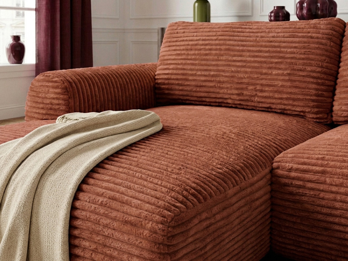 Bobochic Lucien Ecksofa mit Schlaffunktion und Bettkasten Breitcord weich Orange Ecke links