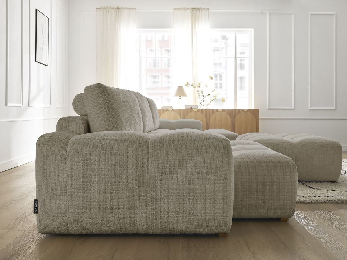 Bobochic Anakin Wohnlandschaft mit Pouf, Liegefläche 137 × 382 cm, 3 Kissen Strukturstoff Taupe