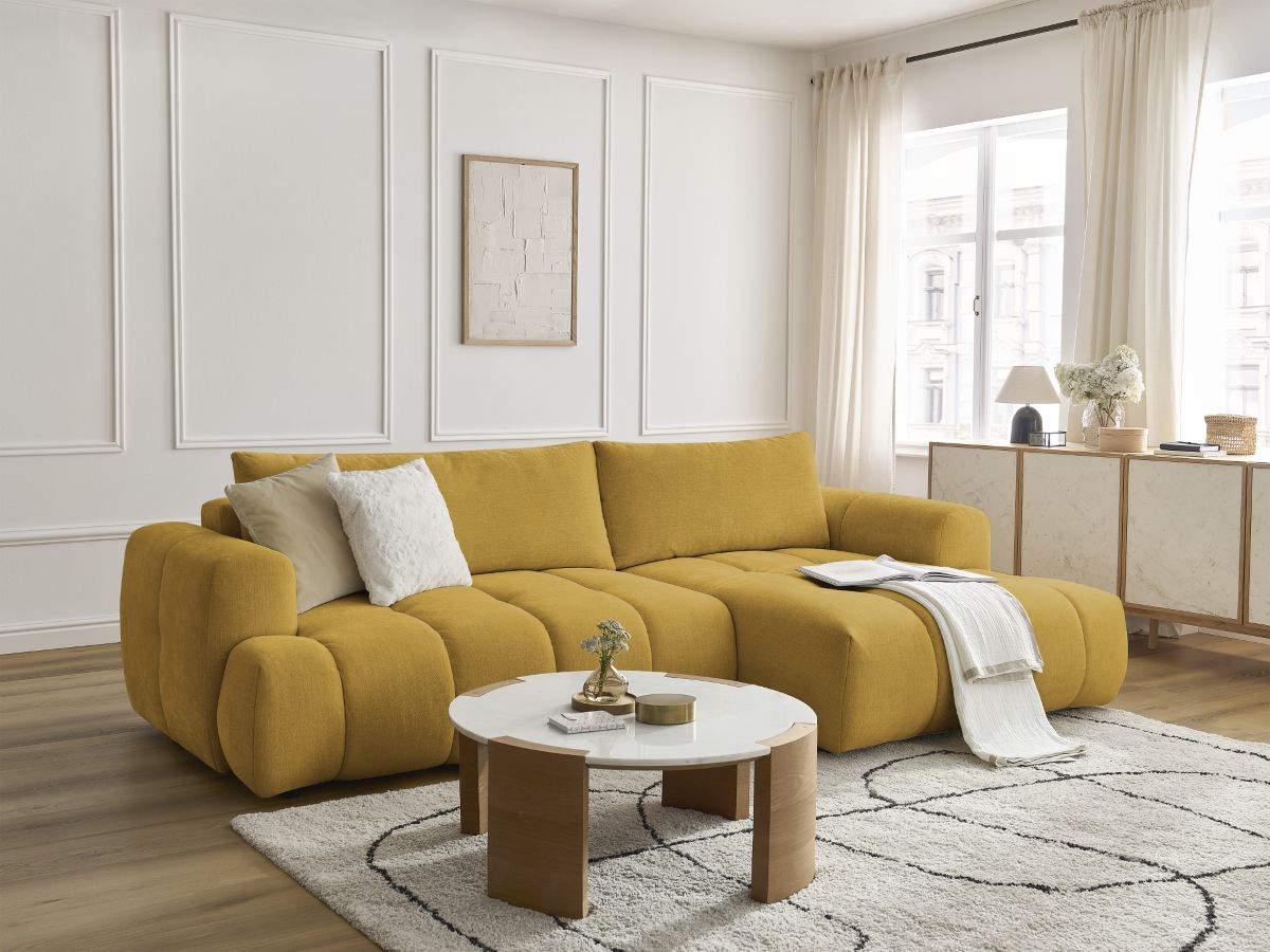 Bobochic Fuji Ecksofa mit Schlaffunktion und Bettkasten 292 × 160 cm Stoff Gelb Ecke rechts