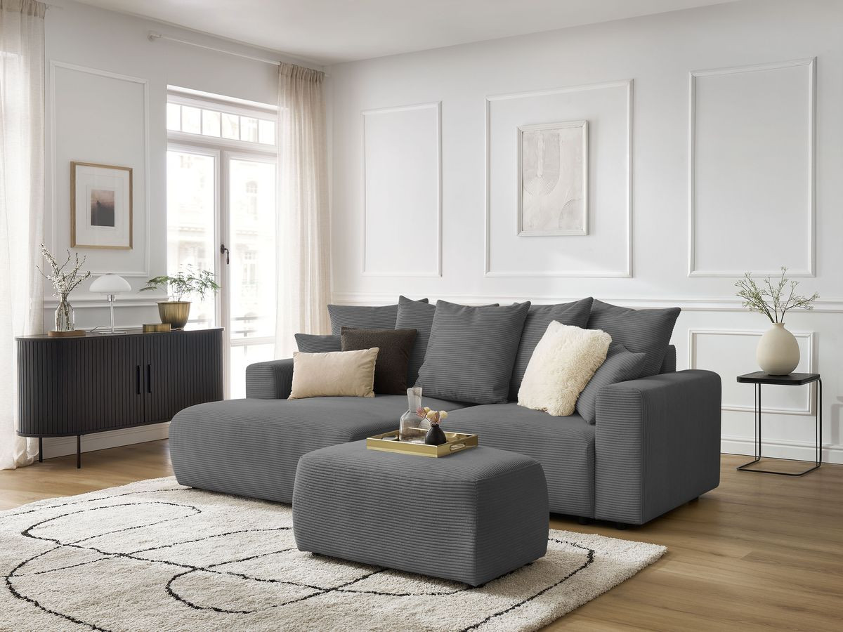Bobochic Atilla Ecksofa mit Schlaffunktion und Bettkasten und Pouf Cordsamt Dunkelgrau Ecke links