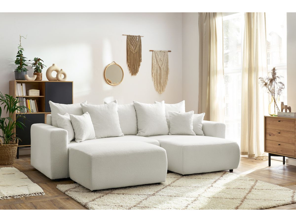 Bobochic Envy Ecksofa mit Schlaffunktion und Bettkasten und rechteckigem Pouf Bouclé-Stoff Weiß
